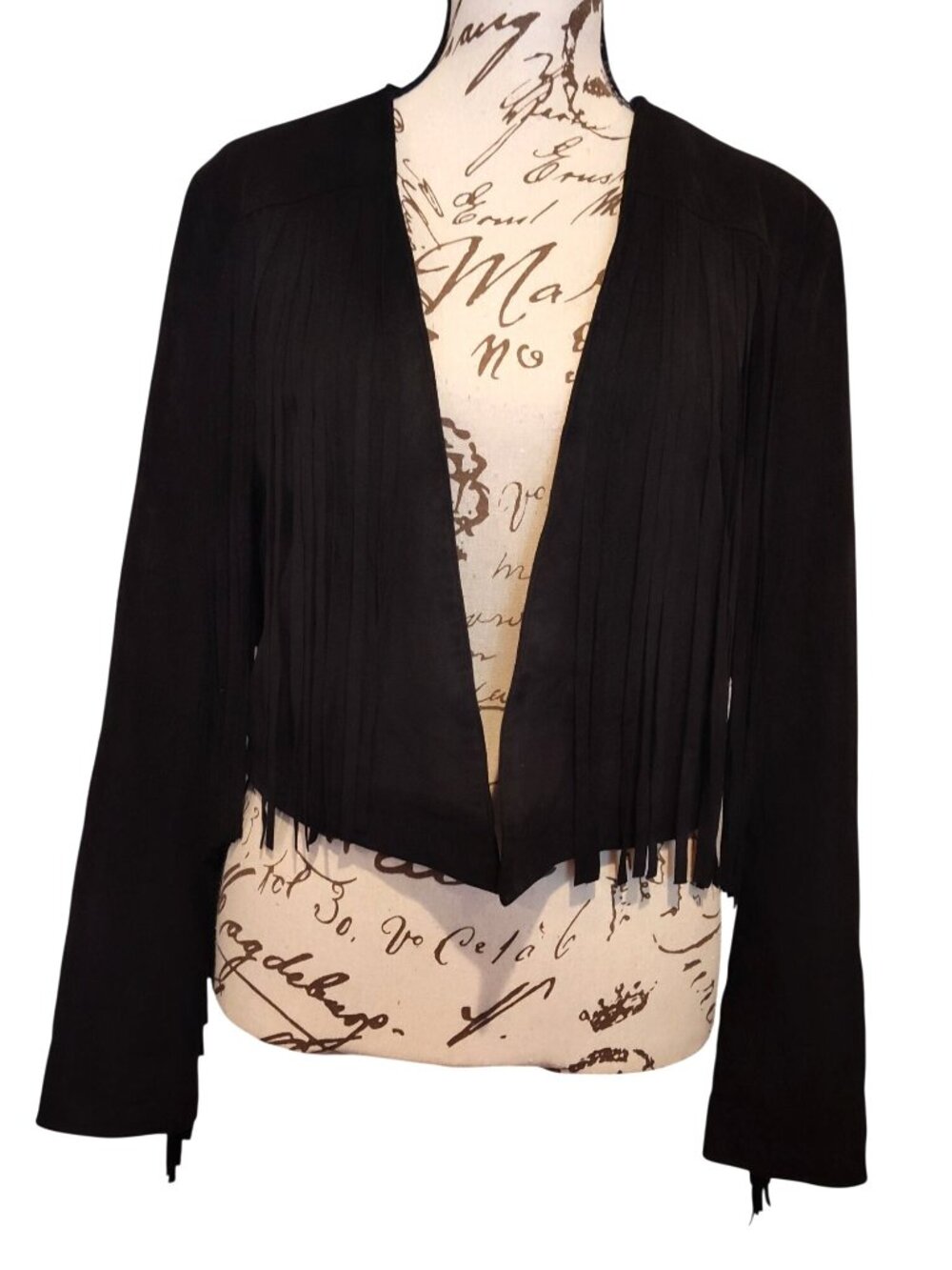 Forever 21 Black Fringe Open Front Cropped Jacket Size S Western Style Polyester